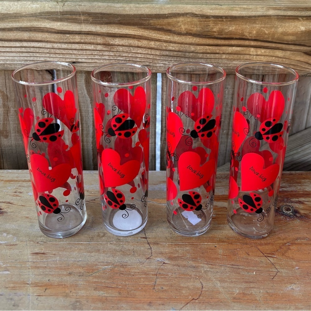 Set of 4 Indiana Glass Company 90s Love Bugs & Red Hearts Collins Glasses 10oz